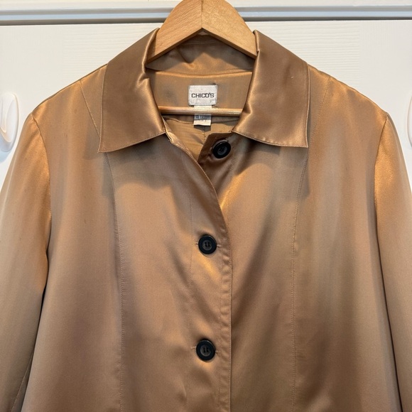 Chicos 100% Silk Pea Coat Jacket Women’s Large (2) Gold Tan Classic Elegant Luxe - Picture 3 of 10